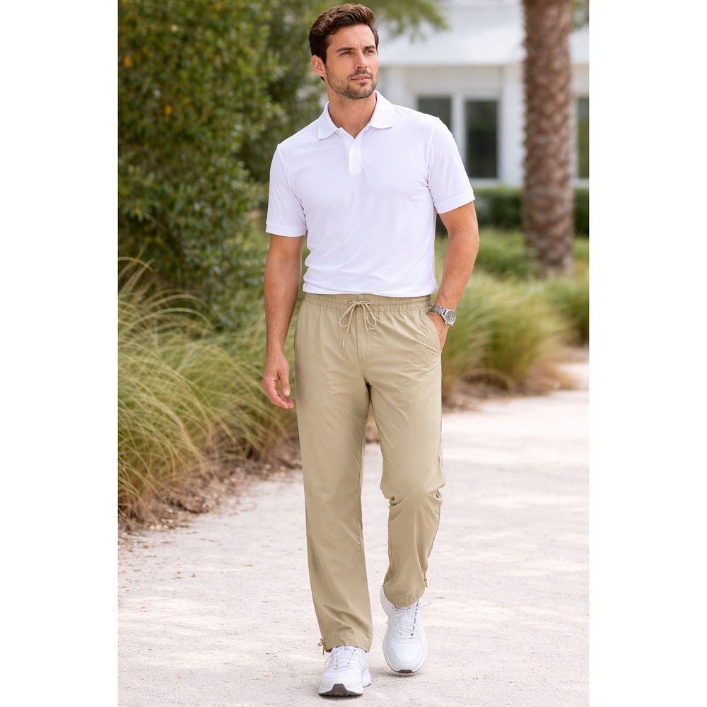 Greyson  Mens Performance Jogger SZ L Pants Tan Khaki Nylon Bungee Hem Toggle